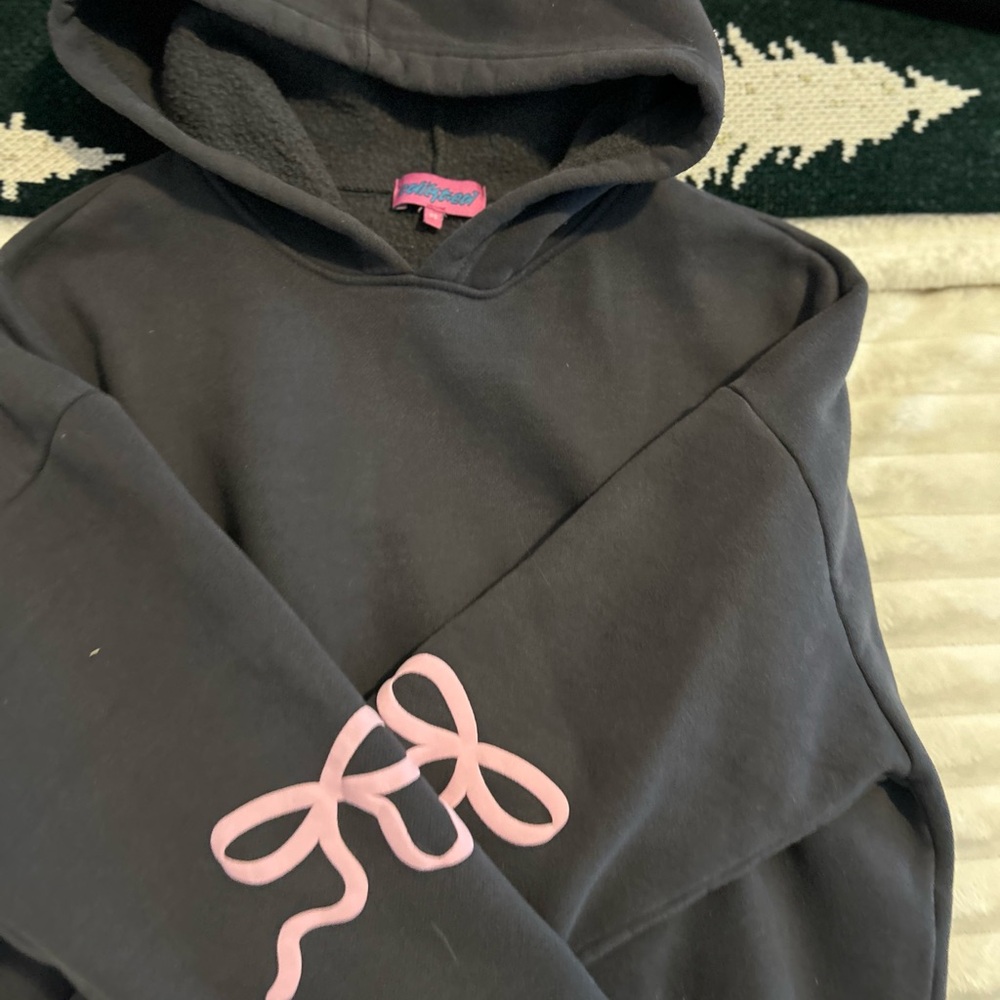 Edikted Black Hoodie with Pink Ribbon Detail